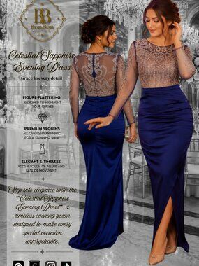 Royal Blue Satin Evening Gown | Beaded Illusion Formal Long Sleeve Wedding gown
